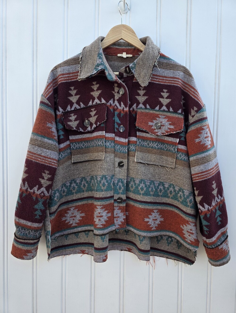 La Miel Boho Southwestern Aztec Shacket Raw Hem Western Blanket Jacket Small